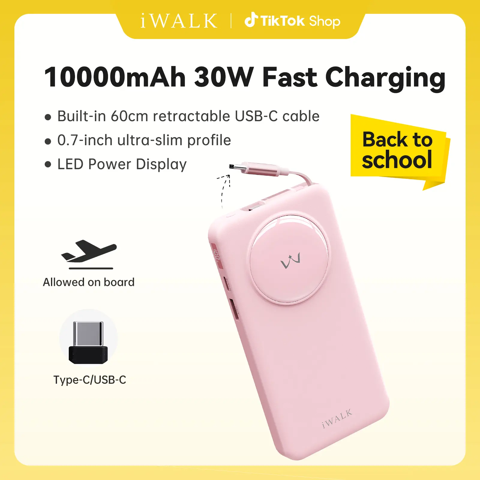 iWALK Slim 10000mAh Compact Portable Power Bank - 30W PD, Quick Charge 3.0, Retractable USB-C Fast Charging Cable, Lightweight Mobile Accessory for iPhone 17/16/15 Pro Max & Smartphones, On-the-Road Palm-Sized Charger for Outdoor Use, for Devices