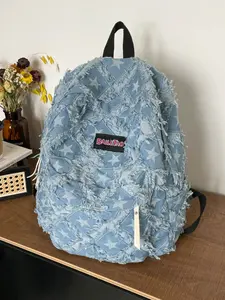 Denim Star Pattern Backpack, Frayed Edge Design, Casual Campus Travel Student Bag, Stylish and Functional School Bag