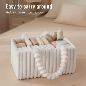 Flannel Diaper Storage Basket, Comfortable Baby Care Organizer, Newborn Essential Plush Large Capacity Stripe Bag, Infant Shower Gift, Multifunctional Diaper Bag