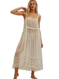 Women's White Ruffle Tiered Midi Dress, Sheer Flowy Bohemian Maxi Sundress, Spaghetti Strap Square Neck Summer Beach Cover Up Dress for Vacation