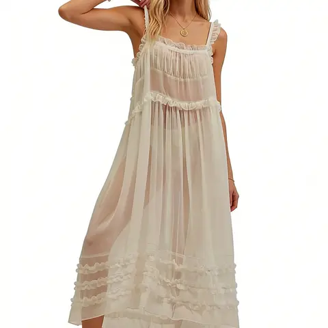 Women's White Ruffle Tiered Midi Dress, Sheer Flowy Bohemian Maxi Sundress, Spaghetti Strap Square Neck Summer Beach Cover Up Dress for Vacation