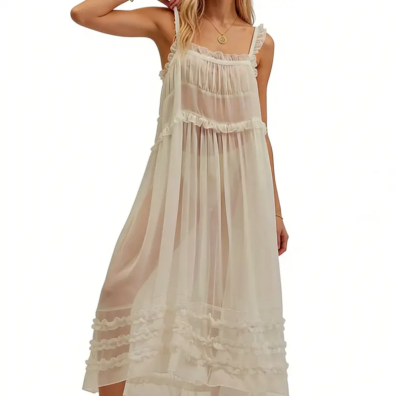 Women's White Ruffle Tiered Midi Dress, Sheer Flowy Bohemian Maxi Sundress, Spaghetti Strap Square Neck Summer Beach Cover Up Dress for Vacation
