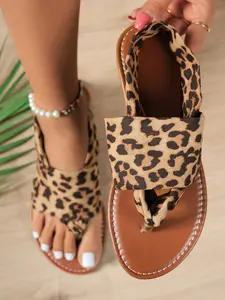 Women's Leopard Print Sandals, Boho Style Flat Sandals, Comfortable Casual Footwear, Perfect for Beach, Office, Daily Wear, Ethnic Style Sandals