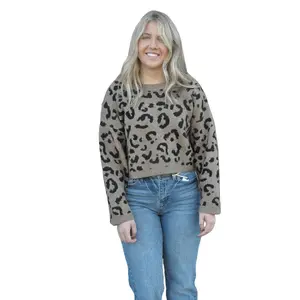 Lennon Leopard Pattern Sweater Casual Comfort Fashion Fit Knitwear Womenswear Dress Black Long Sleeve Crew Neck Winter Medium Length Fitted Chic Cropped Piece Everyday Print Brown Soft Statement Jeans Tops Skirts Style