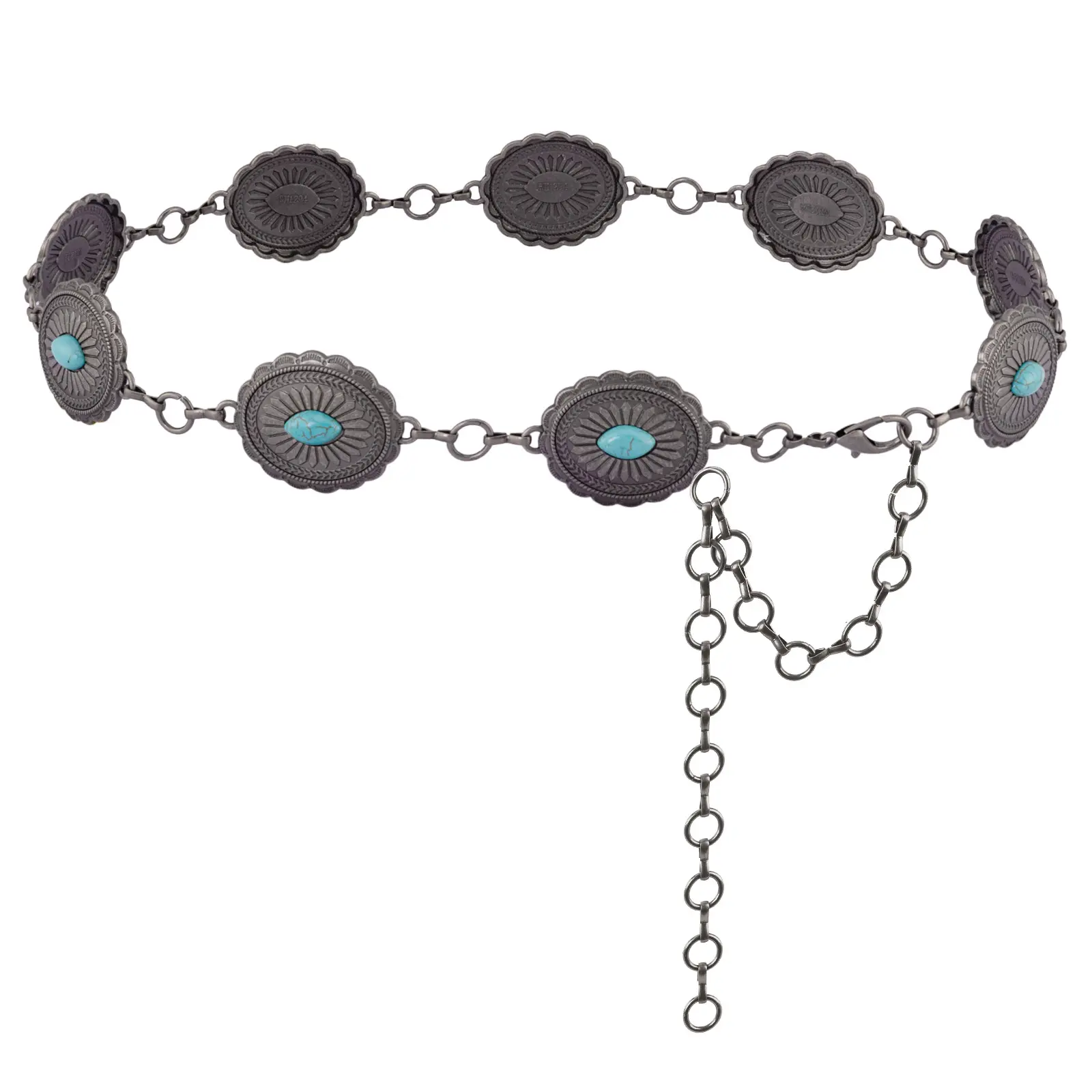 Rustic Coture's Western Turquoise Concho Chain Belt for Women Vintage Silver Metal Waist Belt with Adjustable Chain Cowboy Cowgirl Statement Belt for Dresses Jeans Festival
