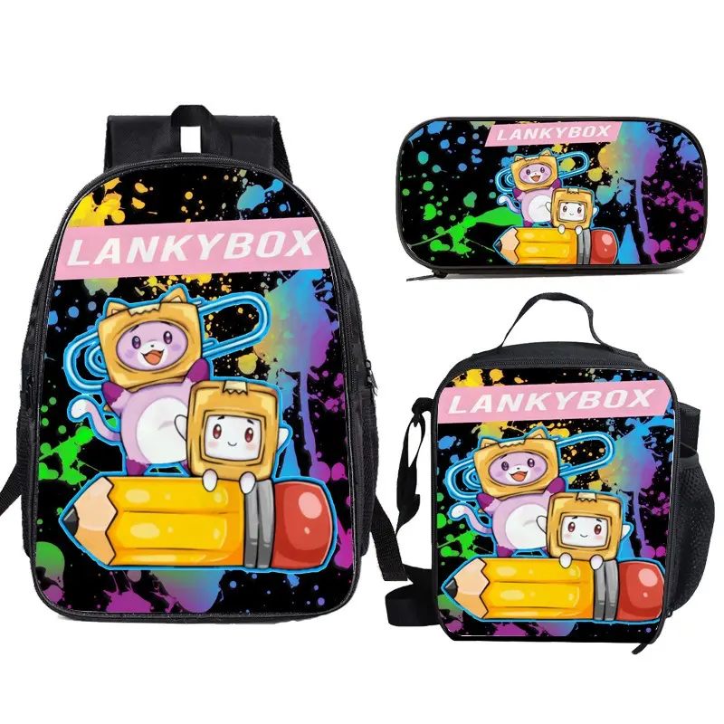 Lankybox Anime Backpack Set 3 Pieces with Lunch Bag and Pencil Case for Women Men, Fashion Daypack, Classic High Backpack for Teens, Travel Laptop Backpacks