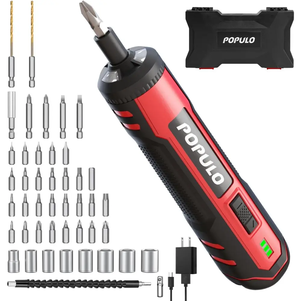 Cordless Rechargeable Electric Screwdriver Kit with 6 Torque Settings, LED Light, Ergonomic Design, Adjustable Speed, 7.28 Inches Length, Automatic Power Off, 32 Bits, 8 Sockets, Flex Hex Shaft, Bit Holders & Storage Box