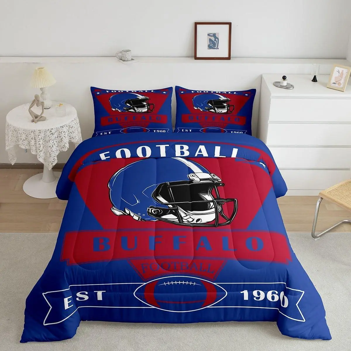 Football Comforter Set,American Football City Buffalo Bedding Set,Football Fans Gifts Comforter,Red Blue Bed Set,