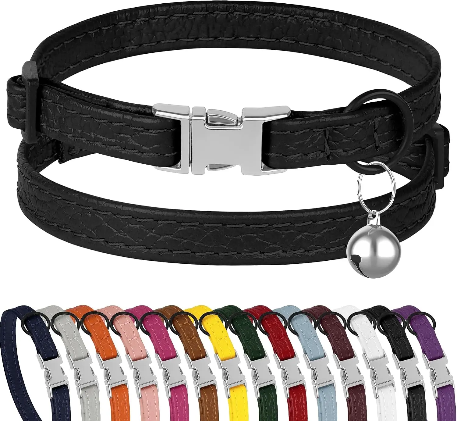 Leather Cat Collar with Buckle and Removable Bell Non Breakaway Adjustable Soft Safety Small Pet Collars for Girl Boy Cats Kitten Black