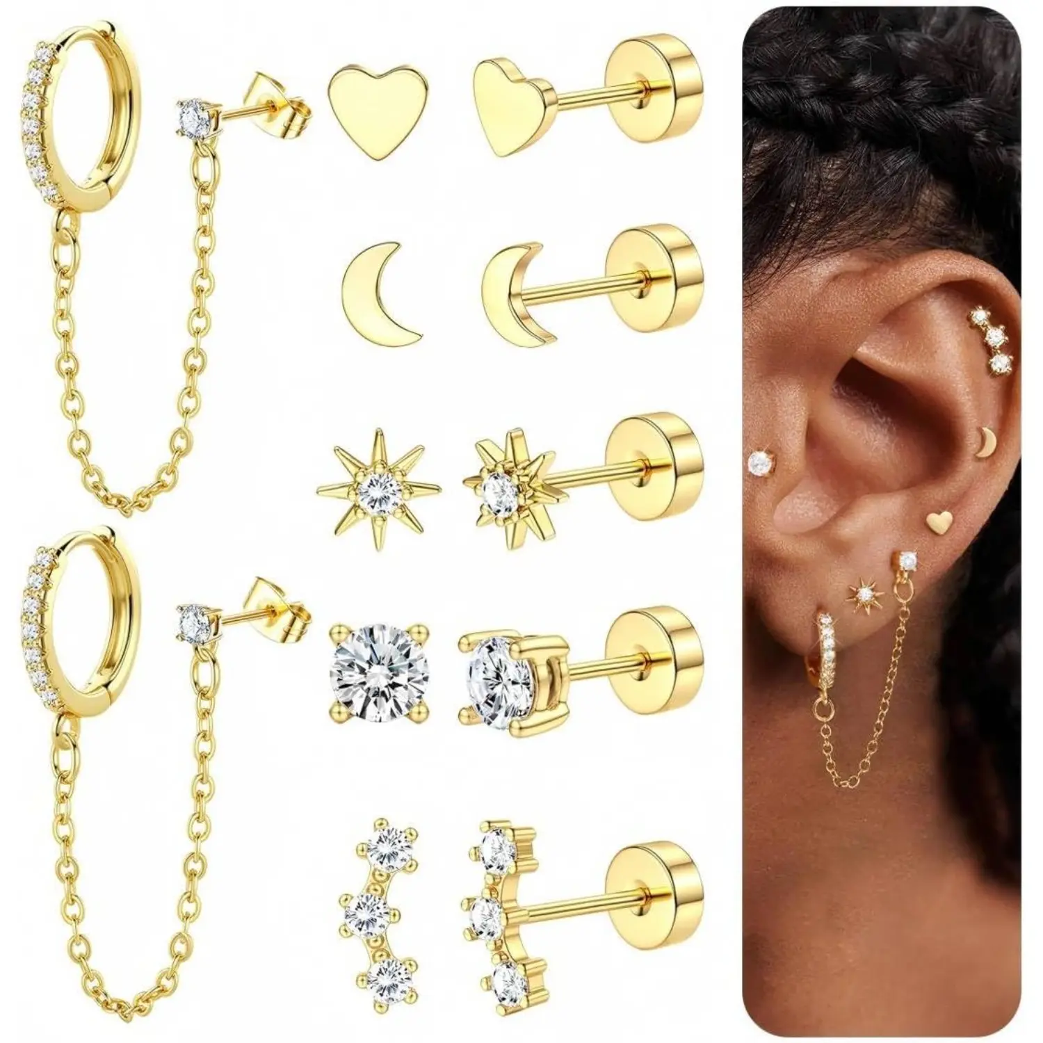 YADOCA Gold Flat Back Earrings for Women, 14K Plated Gold Trendy Cartilage Earring Sets for Multiple Piercing Hypoallergenic Small Huggie Hoop Earrings Stacks with Dangle Chain Dainty Gold Stud Earrings