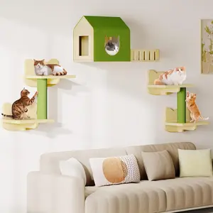 YITAHOME Cat Wall Shelves and Perches for Wall, Solid Wood Wall Mounted Cat Furniture, Cats Climbing Shelves for Large Cats with Green Wall House and Fence, Steps, Scratching Posts