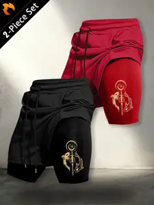 Japanese Style Fish Sword Print Dual-Layer Quick-Dry Gym Shorts, Elastic Breathable Anti-See-Through Men's Fitness Training Casual Pants