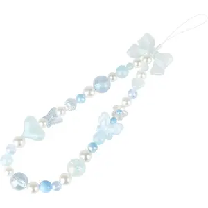 P-PCS07    Beaded Phone Charm Lanyard Wrist Strap Love Heart Bow Beads Butterfly Chain Flower String Pearl Bling Bracelet Keychain Cute Fashion for Women Blue