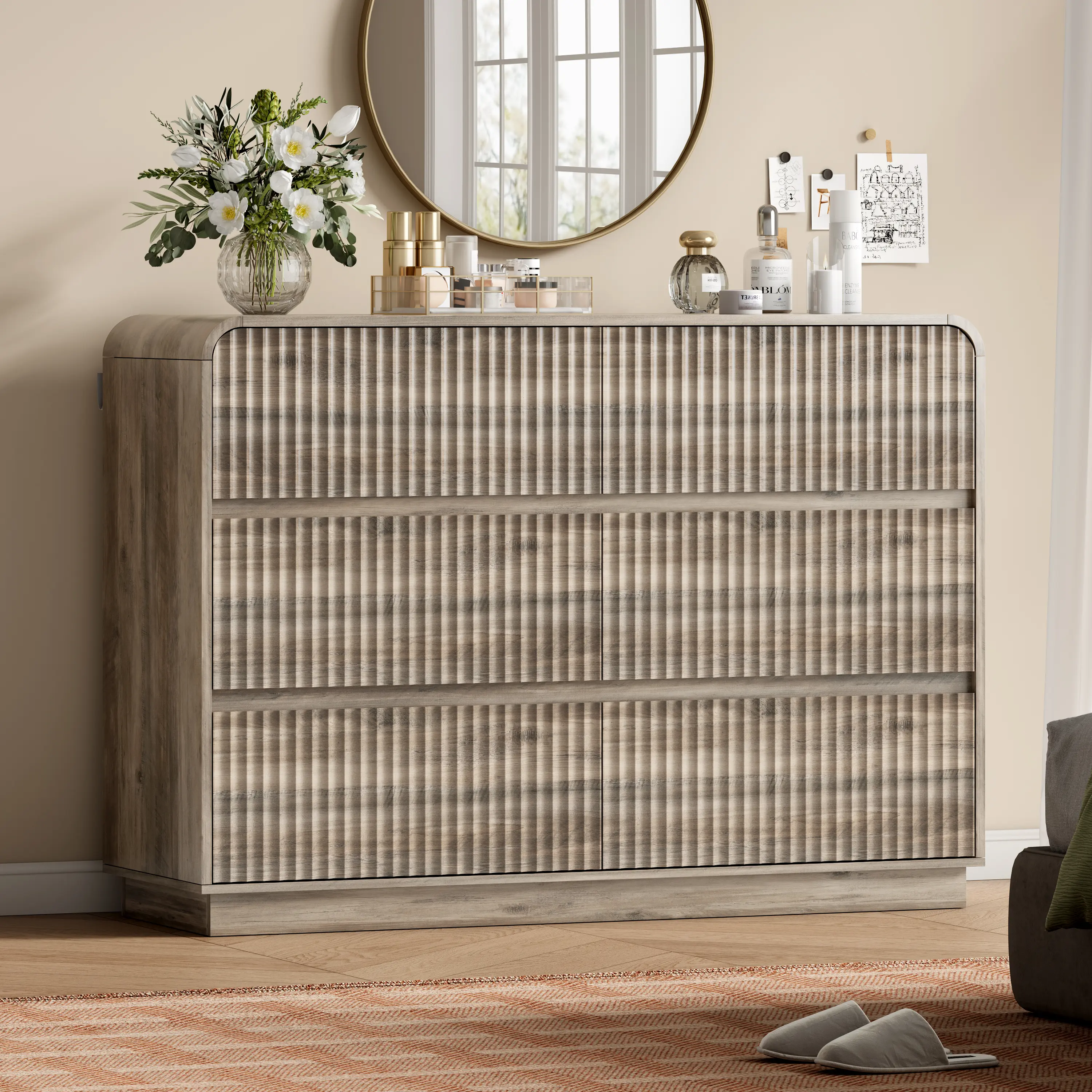 Dresser for Bedroom with 6 Drawers, Fluted Chest of Drawers with Round Curved Corner, Hidden Handles, Modern Wood Storage Organizer for Bedroom, Nursery, Living Room fathers day gift ideas