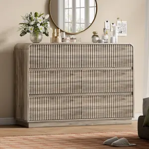 Dresser for Bedroom with 6 Drawers, Fluted Chest of Drawers with Round Curved Corner, Hidden Handles, Modern Wood Storage Organizer for Bedroom, Nursery, Living Room