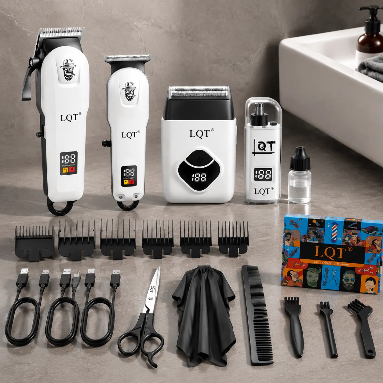LQT Professional 4-in-1 Men's Grooming Kit, Cordless Hair Clippers & Trimmer Set with Foil Shaver, Nose Trimmer, Perfect Gift for Men