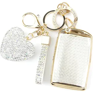 Key Fob Cover with Diamond Keychain for Women, Car Key Holder Compatible with 2019-2022 Mazda 3 Hatchback 2020-2022 Mazda CX-5, CX-30, CX-10 Protector, 3 Buttons, White Heart