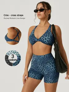 Women's 2-Piece Sports Set Deep V Twist Strap Sexy Sportswear, Spring Sportswear, High Waist Shorts for a Flattering Fit and Long Legs, Comfortable Leopard Print for Gym and Daily Wear, Gym Sets