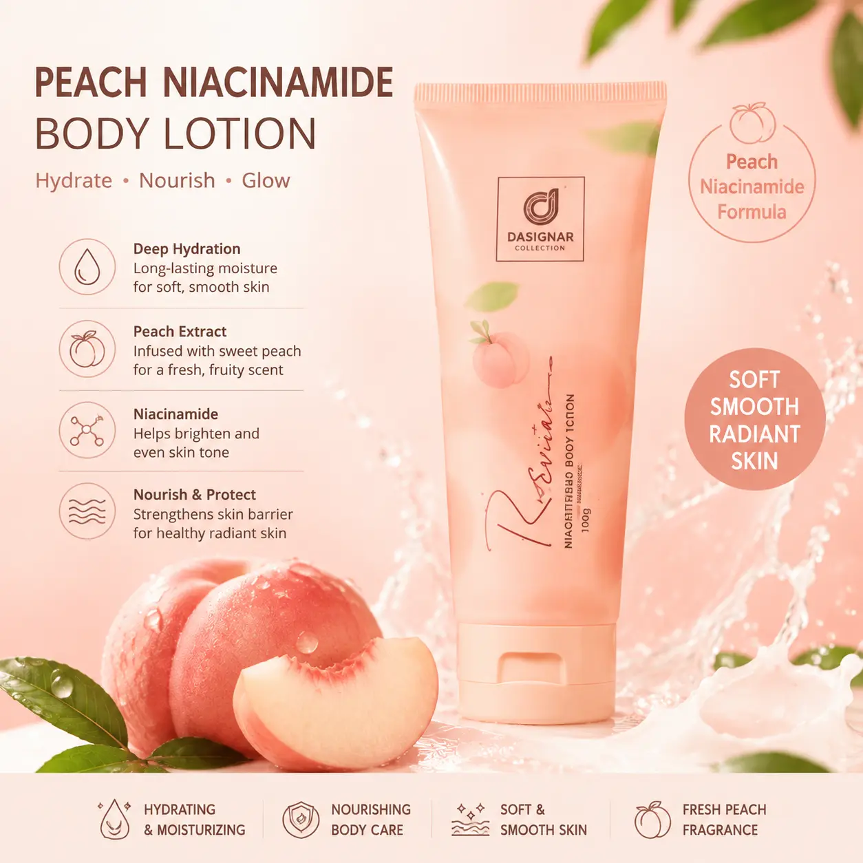 Peach Scented Hand & Body Lotion, Lightweight Daily Moisturizer for Soft and Smooth Feeling Skin