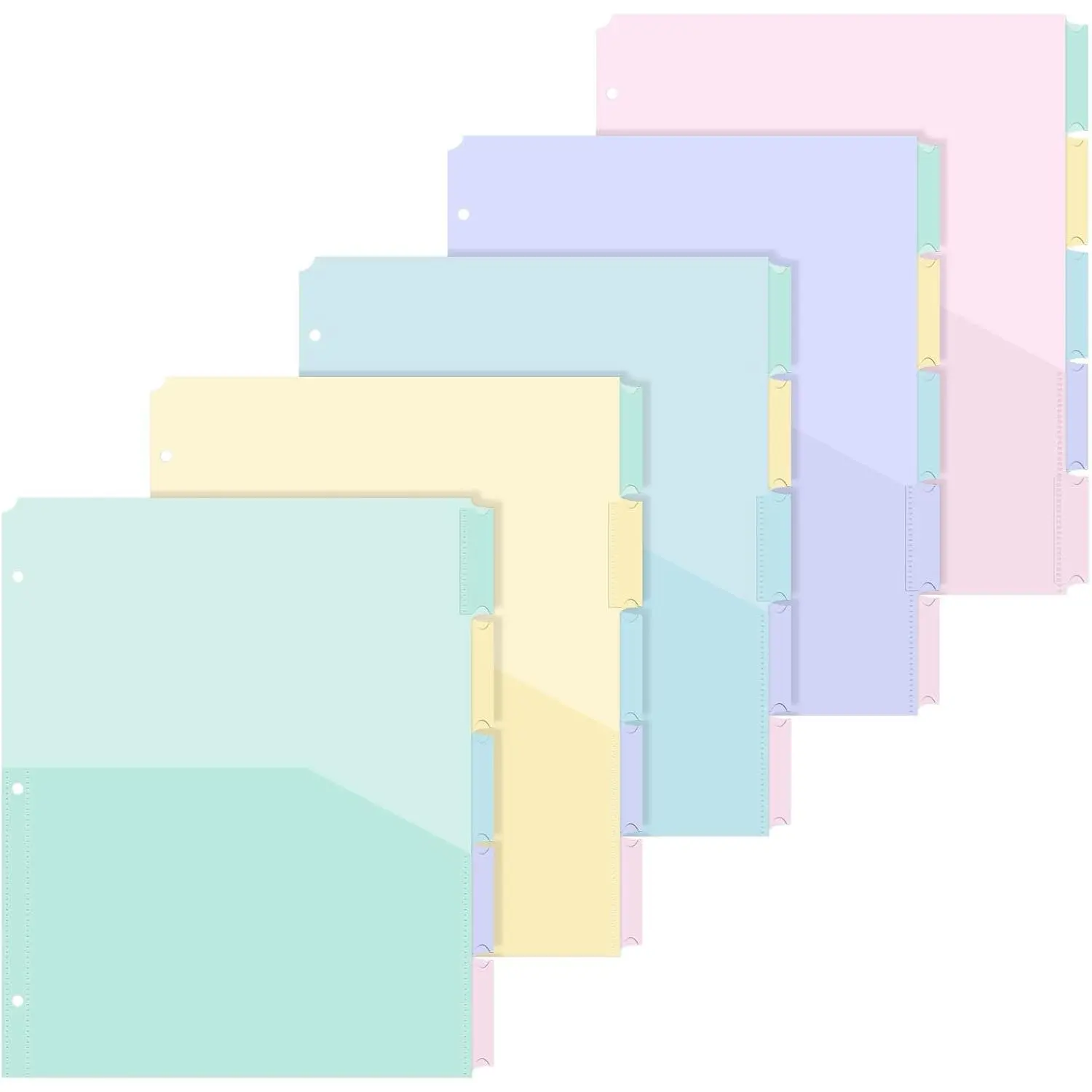 5 Sets 5 Tab Binder Dividers with Pockets for 3 Ring Plastic Binders 8.5 x 11 Inches 3 Hole Punched Page Divider Sturdy Colorful Dividers for Office School Business Home Organizer (Pastel Color)