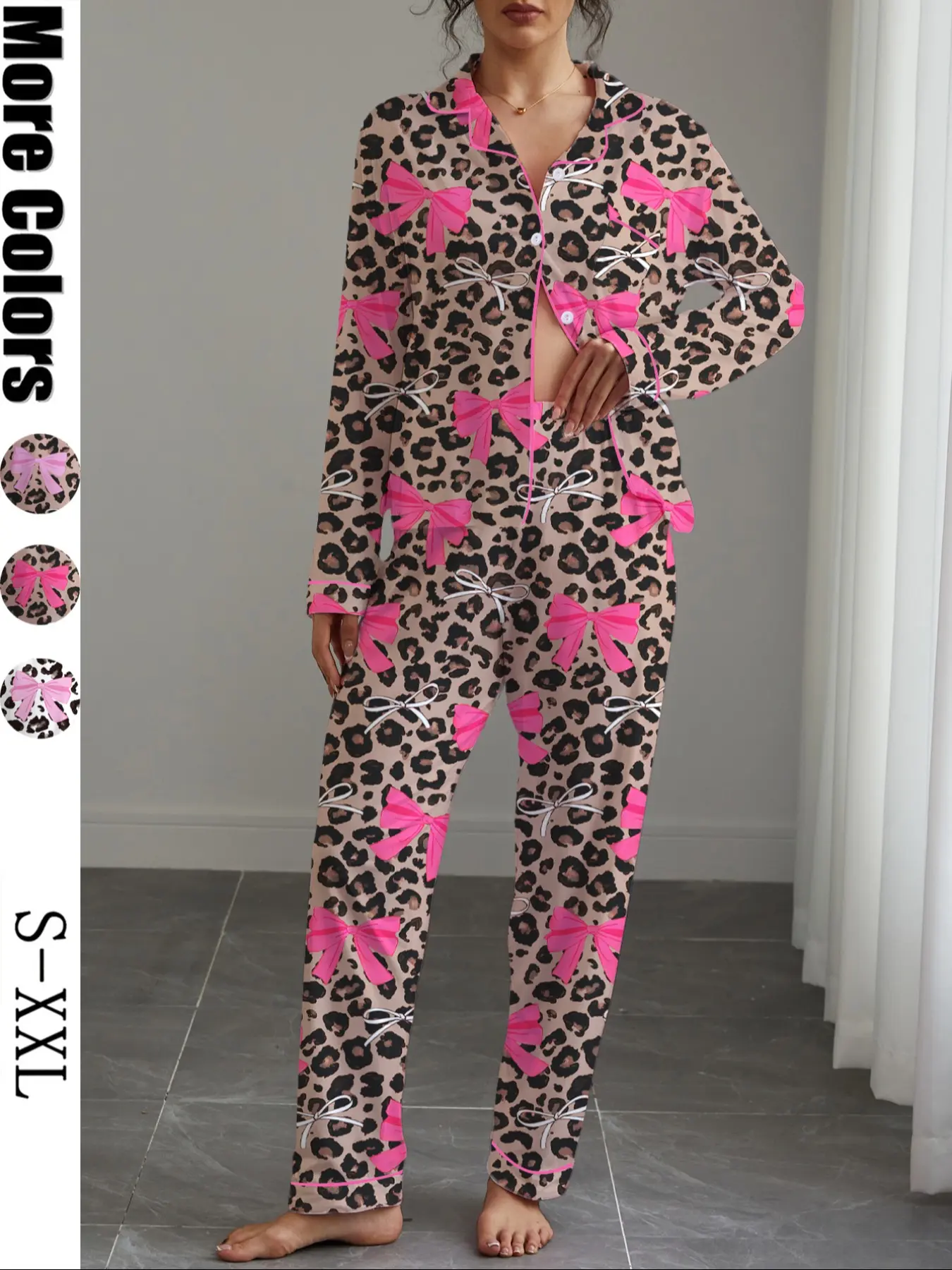 Women's Fall & Winter Pajama Set, Cute Bowknot Print Sleepwear Loungewear, Casual Long Sleeve Top and Elastic Pants, Soft and Stretchy Fabric, Loungewear Pjs Set