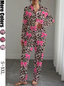 Women's Fall & Winter Pajama Set, Cute Bowknot Printed Sleepwear, Casual Long Sleeve Top and Elastic Pants, Soft and Stretchy Fabric