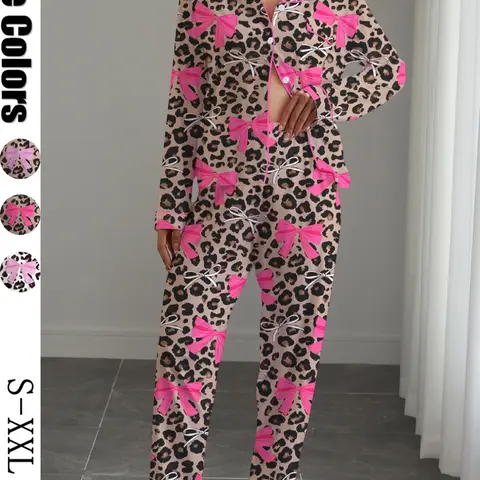 Women's Fall & Winter Pajama Set, Pj Sets, Cute Bowknot Print Sleepwear Loungewear, Casual Long Sleeve Top and Elastic Pants, Soft and Stretchy Fabric