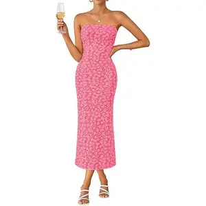 ZESICA Women's 2026 Summer Floral Strapless Bodycon Midi Dress Off Shoulder Beach Formal Cocktail Wedding Guest Long Dresses