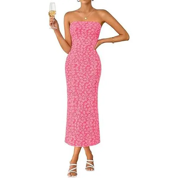 ZESICA Women's 2026 Summer Floral Strapless Bodycon Midi Dress Off Shoulder Beach Formal Cocktail Wedding Guest Long Dresses