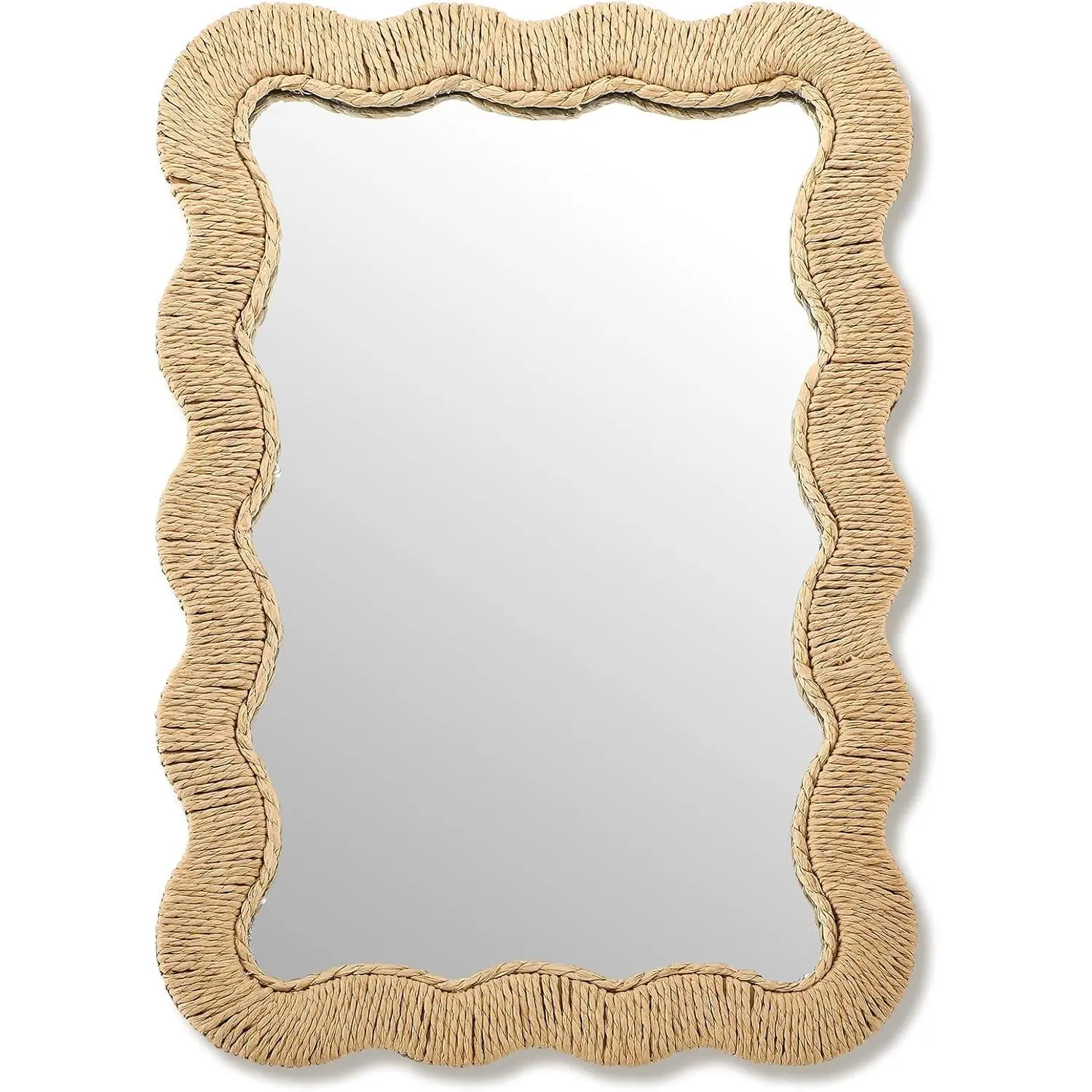 Boho Rattan Mirror Natural Wicker Scalloped Coastal Mirror with Decorative Rattan Frame Boho Coastal Decor for Bathroom Living Room, Entryway Decor(Rectangle,10.4 x 15.8 in)
