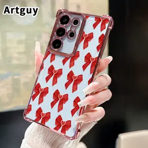 Phone Case Compatible with Samsung Galaxy S23 Ultra S24 Plus S25 S22+ FE Edge Red Bow Reverie Pattern Clear Protective Four Corners Air Cushion Anti-drop Premium Plated Cover