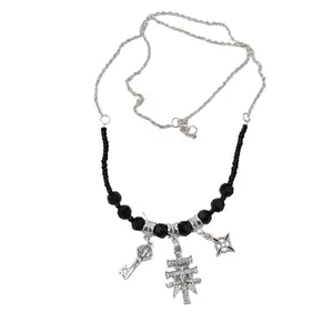 Artesanal Black Crystals Triple Protection Nudo de Bruja Cruz de Caravaca and San Benito Necklace with Key and celtic symbols