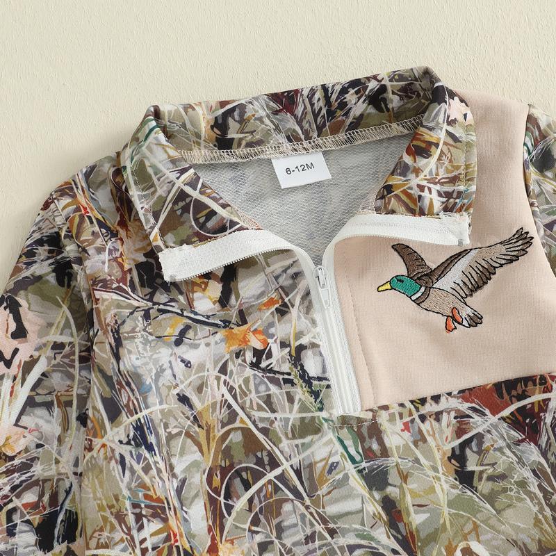 Babamoon Toddler Baby Boy Fall Hunting Outfits Half Zip Long Sleeve Animal Mallard Duck Print Pullover Tops Camouflage Pants 2Pcs Wild Clothes Set