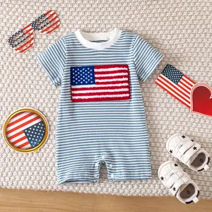 Newborn Baby Boy 4th of July Clothes Flag Embroidery Jumpsuit Waffle Short Sleeve Romper Onesie 3 6 12 18 Months