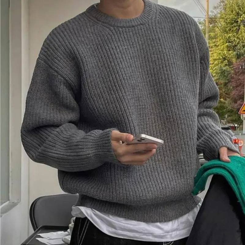 Men's Dark Gray Heavyweight Knit Sweater - Relaxed Fit Crew Round Neck Top with Ribbed Texture, Drop Shoulder, Chic Preppy Casual Streetwear Top