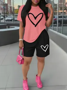 2-Piece Stylish Round Neck Women's Short-Sleeve and Shorts Set; Casual Solid Color T-Shirt and Shorts Set; Suitable for Everyday Wear