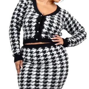 Houndstooth Forever Set with Button Front, Long Sleeves, and Drawstring Waist