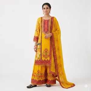 Indian Casual Panjabi Suits Daily Wear Soft Fabric Yellow with Red Embroidery and Border Design