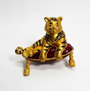 Signed Bob Mackie Vintage Tiger Brooch – Enameled Regal Tiger on Crimson Pillow csbh