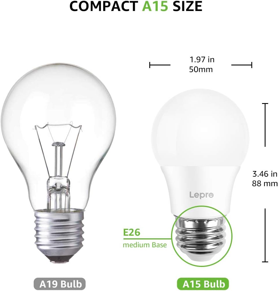 Lepro LED Refrigerator Light Bulb - 40W Equivalent Waterproof Appliance Bulb Replacement for Frigidaire, 5000K Daylight Non-Dimmable Freezer Bulbs with 450 Lumen, 120V 5W A15 E26 Medium Base, 2 Pack