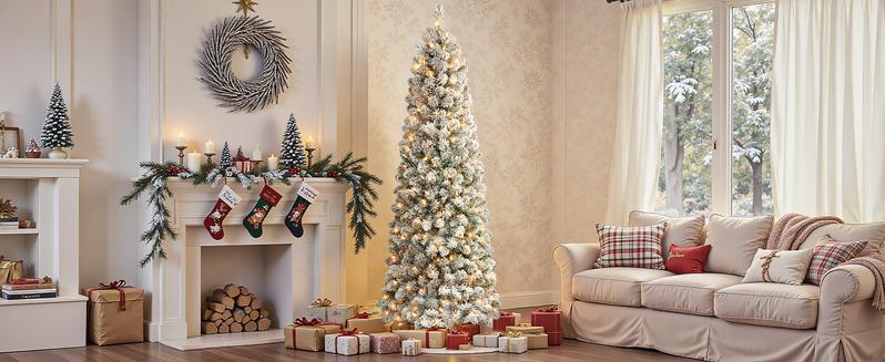 SHareconn 2025 4/ 5/ 6/ 7.5/ 9FT Pre-lit Snow Flocked Slim Christmas Tree with Warm White Lights & Dense Snow Flocked Branches, Ideal Pencil Tree Decoration