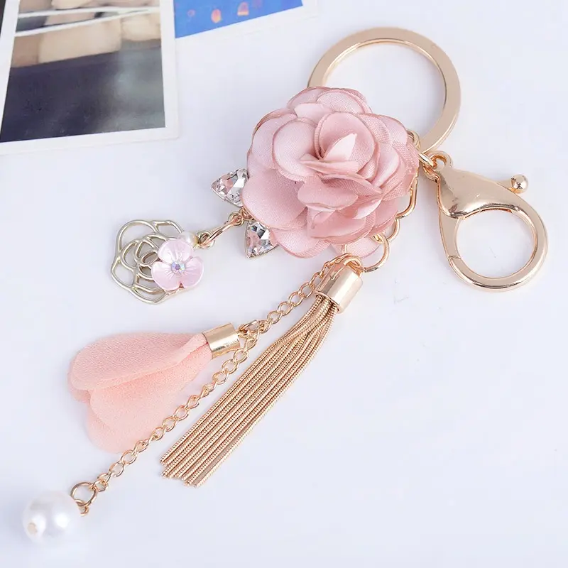 Pastel Keychain Charm with Fabric Rose, Pearl Tassel & Rhinestone Detailing - Gold Hardware Floral Purse Ornament, Bridesmaid Gift, Sparkly Embellishments Keychains, Pearl Charm, Car Key, Thoughtful Gift For Bridesmaids, Soft, Rhinestone Detailing Keychai