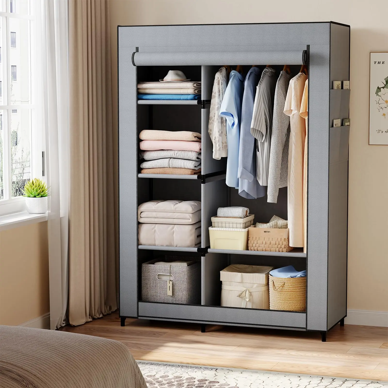 Portable Wardrobe Closet with Cover, Freestanding Portable Garment Rack, Portable Closet Wardrobe for Clothes Storage, Clothes Organizer for Bedroom, Dorm, Apartment and Easy Assemble Grey