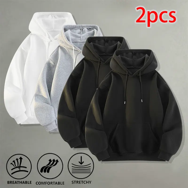 2Pcs Basic Solid Color Hoodies For Men Casual Long Sleeve Pullover Hooded Sweatshirts Daily Streetwear Loose Fit Tops