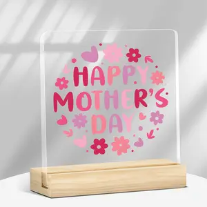 [2D Flat] 1pc Acrylic Mother's Day Plaque, Decorative Plaque - "Happy Mother's Day" with Pink Flowers & Hearts, Gift for Moms, Desktop Home Decor, Acrylic Desktop Decoration, Wooden Stand, Perfect for Daughter or Son, Floral Design, Acrylic Material