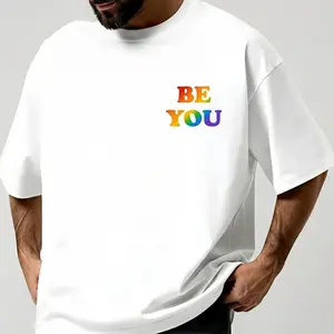 Be You Rainbow Letter Print T-Shirt, LGBTQ+ Self-Love Pride Casual Top Tshirt Printed in USA