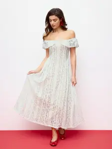 Lace Off-Shoulder Knotted Flared Maxi Dress