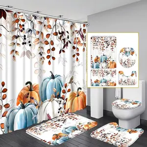 Pumpkins Shower Curtain Sets, Thanksgiving Bathroom Shower Curtain, Bath Mat, Toilet Lid Rug, Non-Slip U Shape Mat, Housewarming Gift, Autumn Home Decor Accessories, Bathroom Decor Sets with 12 C Type Shower Curtain Hooks,
