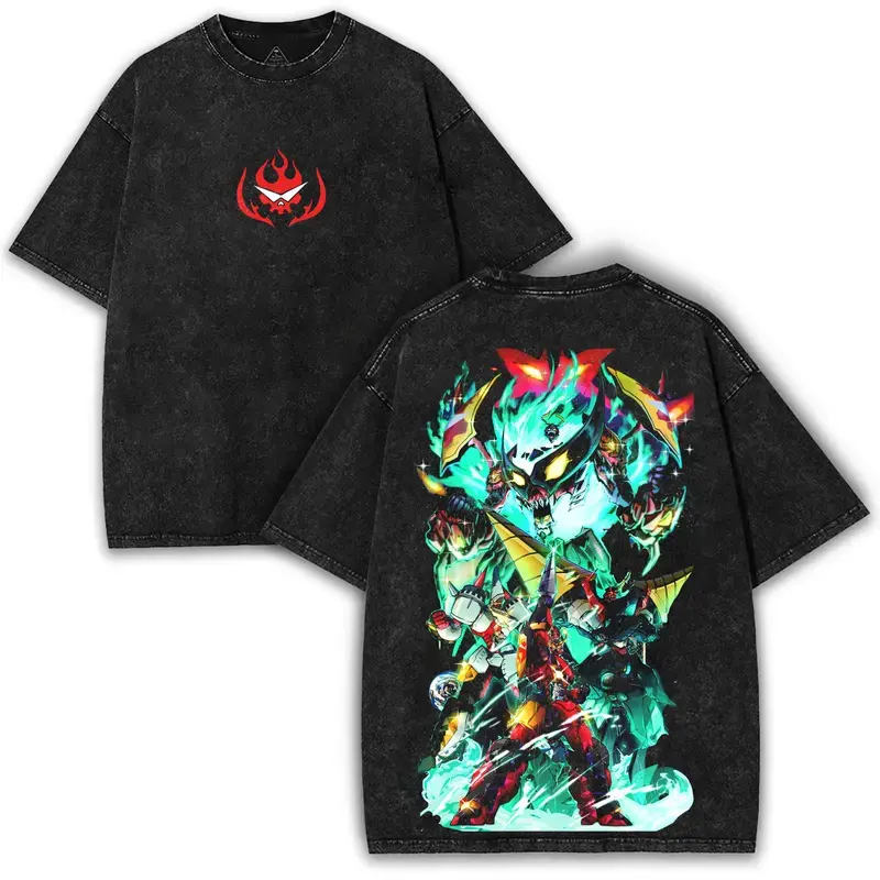 Gurren Lagann Oversized Vintage Washed Tee – Epic Mecha Battle Double Printed Shirt with Team Dai-Gurren Logo | Retro Anime Streetwear
