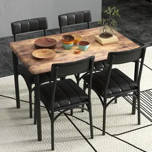 5 Piece Dining Table Set – Rectangular Metal & Wood Table with 4 Upholstered Chairs, Space-Saving, Modern Dining Furniture, Perfect for Apartment or Small Space – Rustic Brown or Grey